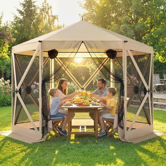 Outsunny 10 x 11 ft Pop Up Gazebo Screen Tent, Outdoor Portable Instant Camping Canopy Screen House Sun Shelter with Nettings, Carry Bag, Beige