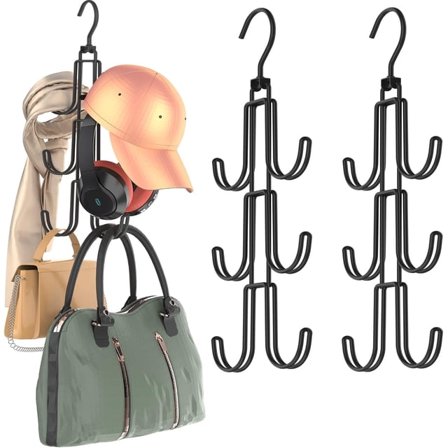 Ganchos giratorios para bolsos (paquete de 3), color negro, organizador de bolsos, ganchos para armario que ahorran espacio, paquete de 3.