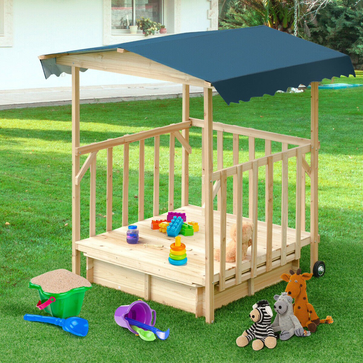 Gymax Beach Cabana Sandbox Retractable Playhouse With Canopy Kids