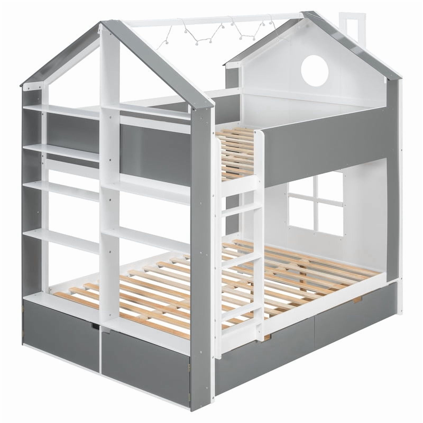 Full-Over-Full Two-Tone Accent Bunk Bed Frame with Cabinet, Drawers & Shelves, Modern Storage Kids Bed with LED Light Strip