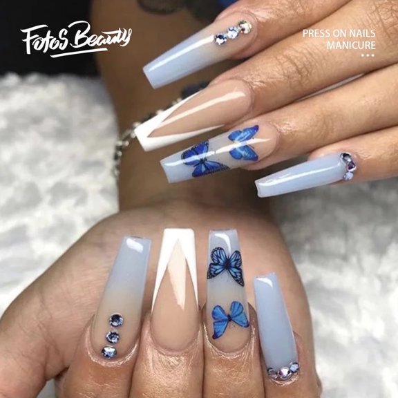 Fofosbeauty 24pcs Press on False Nail Tips Long Coffin Full Cover Fake Nails, Coffin Blue Garden