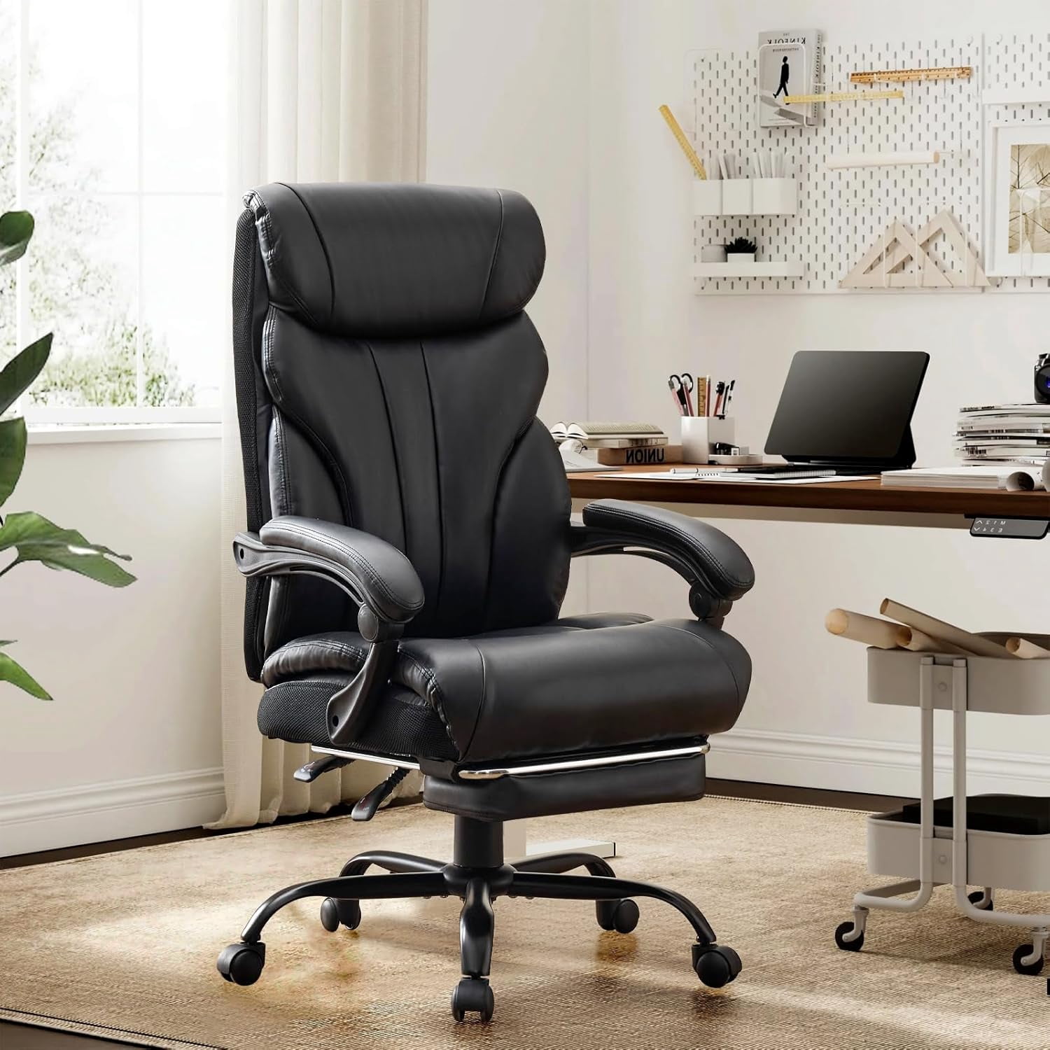 Ergonomic Executive Office Chair with High Back Support, Padded Armrests, Retractable Footrest, Wide Seat, and Heavy-Duty Swivel Base – Comfortable Computer Desk Chair for Home Office