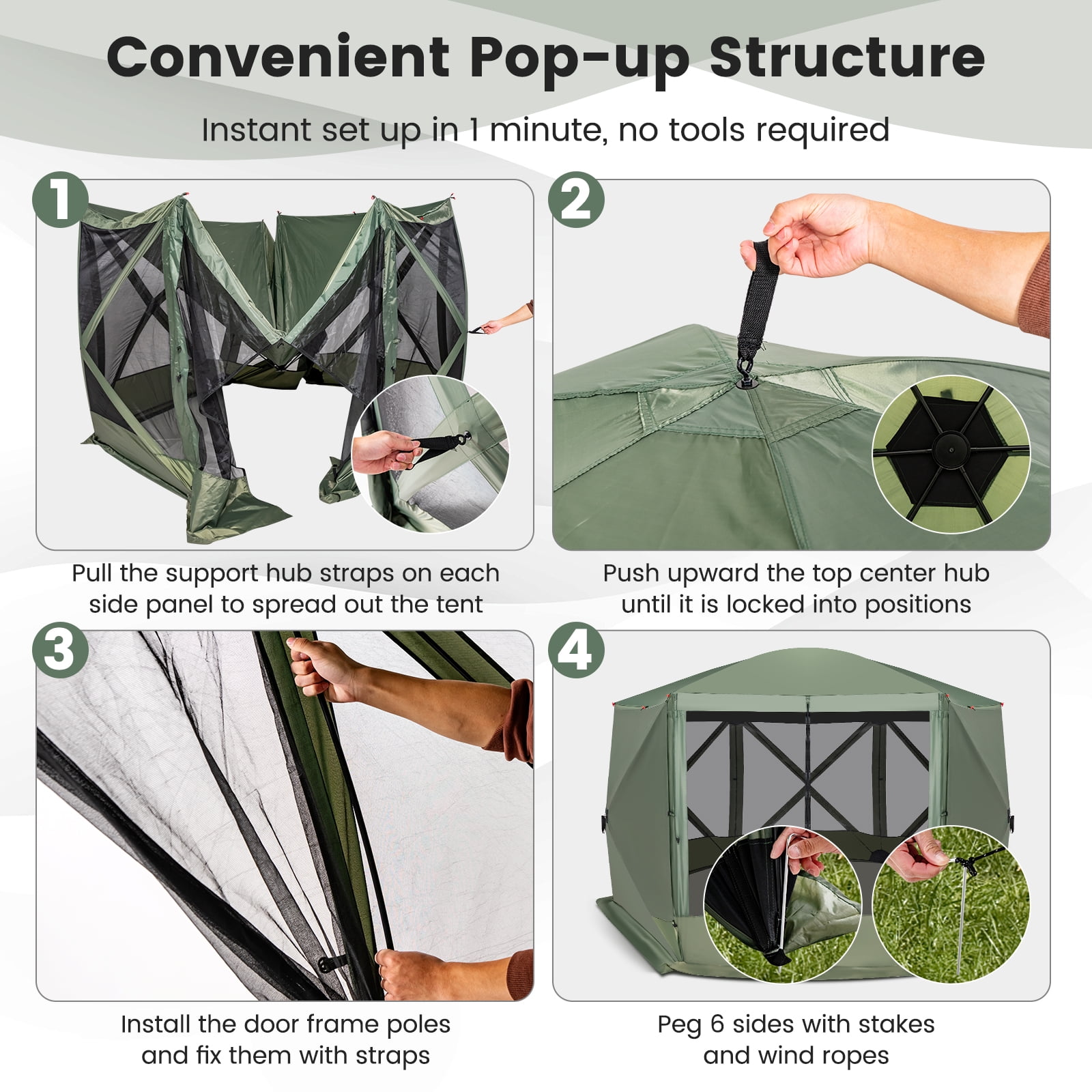 Costway 11.5 X 11.5 FT 6-Sided Pop-up Screen House Tent With 2 Wind Panels for Camping Green