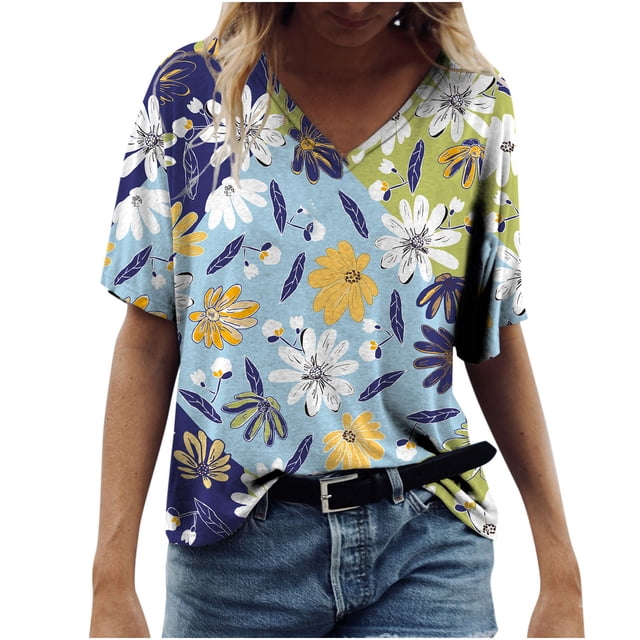 Pompotops Chemises à Imprimé Floral Tournesol pour Femmes Manches Courtes d'Été Col en V T-Shirts Graphiques Amples Décontractés