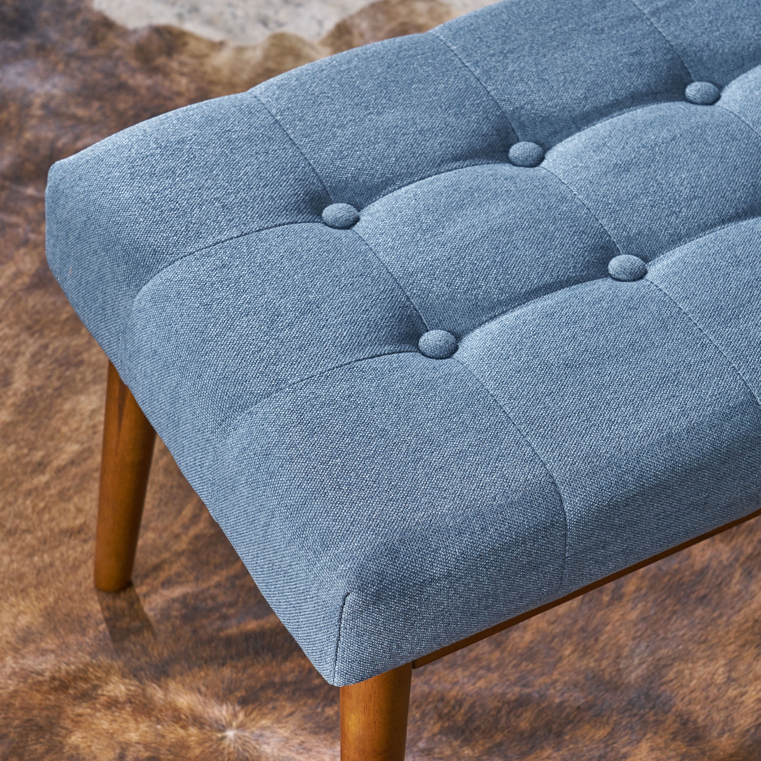 Noble House Marvin Mid Century Tufted Fabric Ottoman, Blue, Walnut