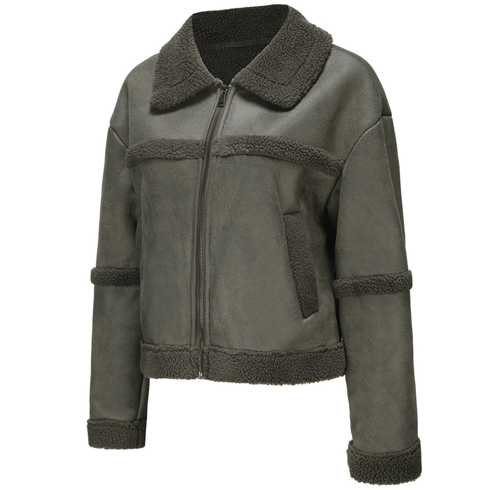Women Cropped Sherpa Moto Jacket Lapel Faux Leather Coat Fleece Lining Aviator Bomber Jacket Leather Jacket Women Zip Up Faux Leather Jacket Y2k Jacket