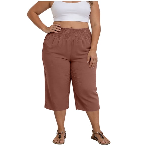 Kezqiaxn Plus Size Capris for Women Summer Elastic Waist Casual Loose Cropped Pants with Pockets Womens Pants Fashion Clothing