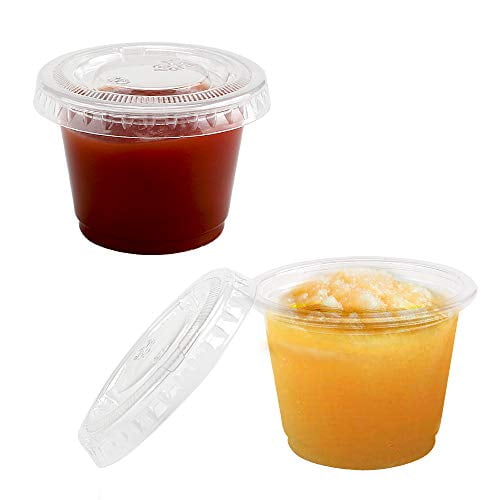 1oz-100 Sets Plastic Disposable Jello Shot Cups with Lids/Souffle Portion/Sauce Salad Dressing/Condiment Cups, 100 pack Clear Plastic Disposable Food Containers with Lids (1 Ounce)…