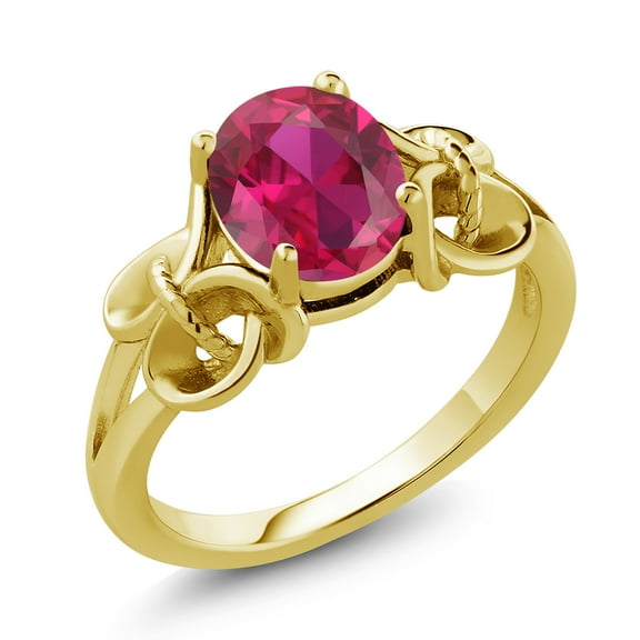 Gem Stone King 2.00 Cttw Oval Red Created Ruby 18K Yellow Gold Plated Silver Ring | Oval 9X7MM (Size 8)