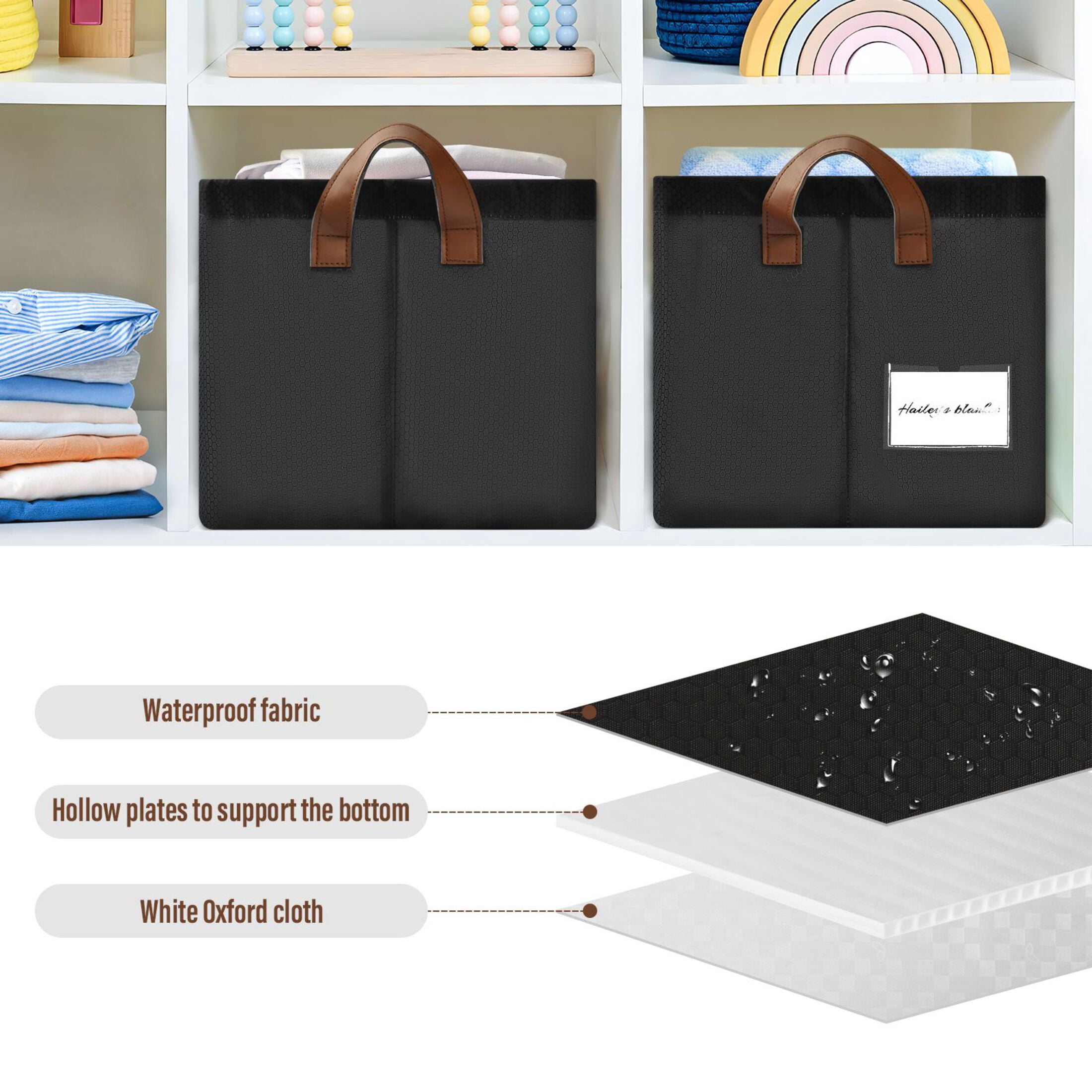 Ryvnso Black Storage Bins Large Basket Foldable Cube Toys Organizer with Handles 2 PCs