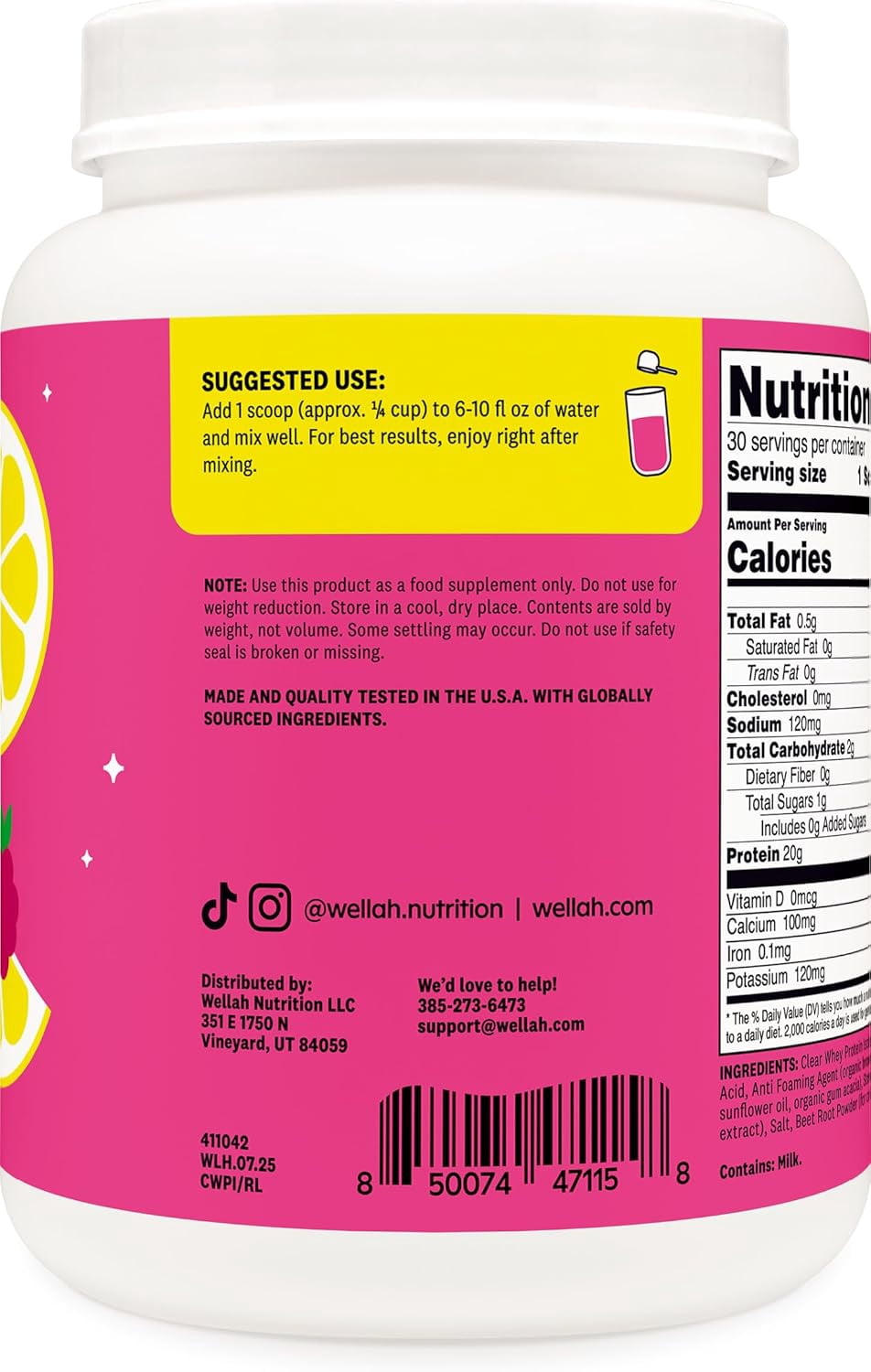 Wellah Clear Whey Protein Isolate Powder (Raspberry Lemonade) 30 Servings - 20g of Protein, 100 Calories, Sweetened with Stevia