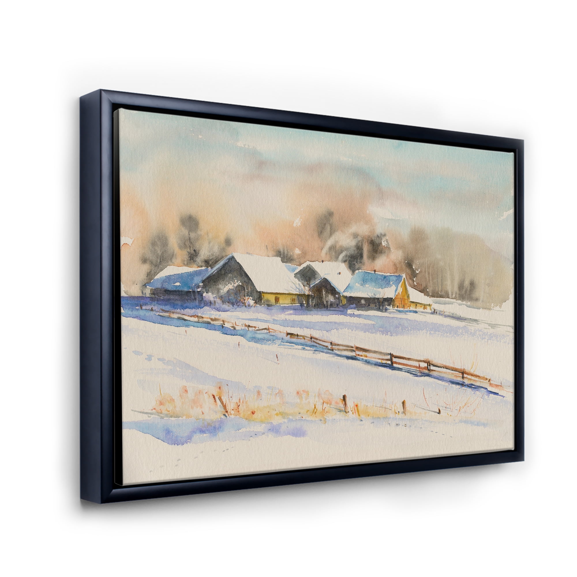 Designart 'Small VIllage At Evening Covered With Snow' Traditional Framed Canvas Wall Art Print