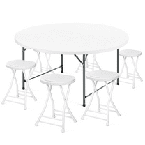 MoNiBloom 7 Pieces 5 FT Folding White Round Table and Chair Set, Banquet Event Wedding Card Desk with Handle and Steel Stools