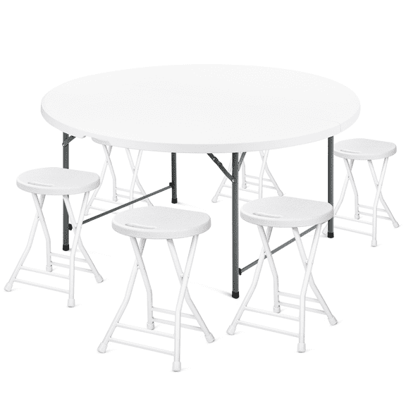 MoNiBloom 7 Pieces 5 FT Folding White Round Table and Chair Set, Banquet Event Wedding Card Desk with Handle and Steel Stools