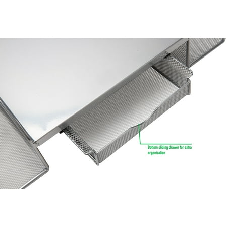 Mind Reader - Mesh Monitor Stand, Wire Screen Riser with Side Storage File Pockets - Silver
