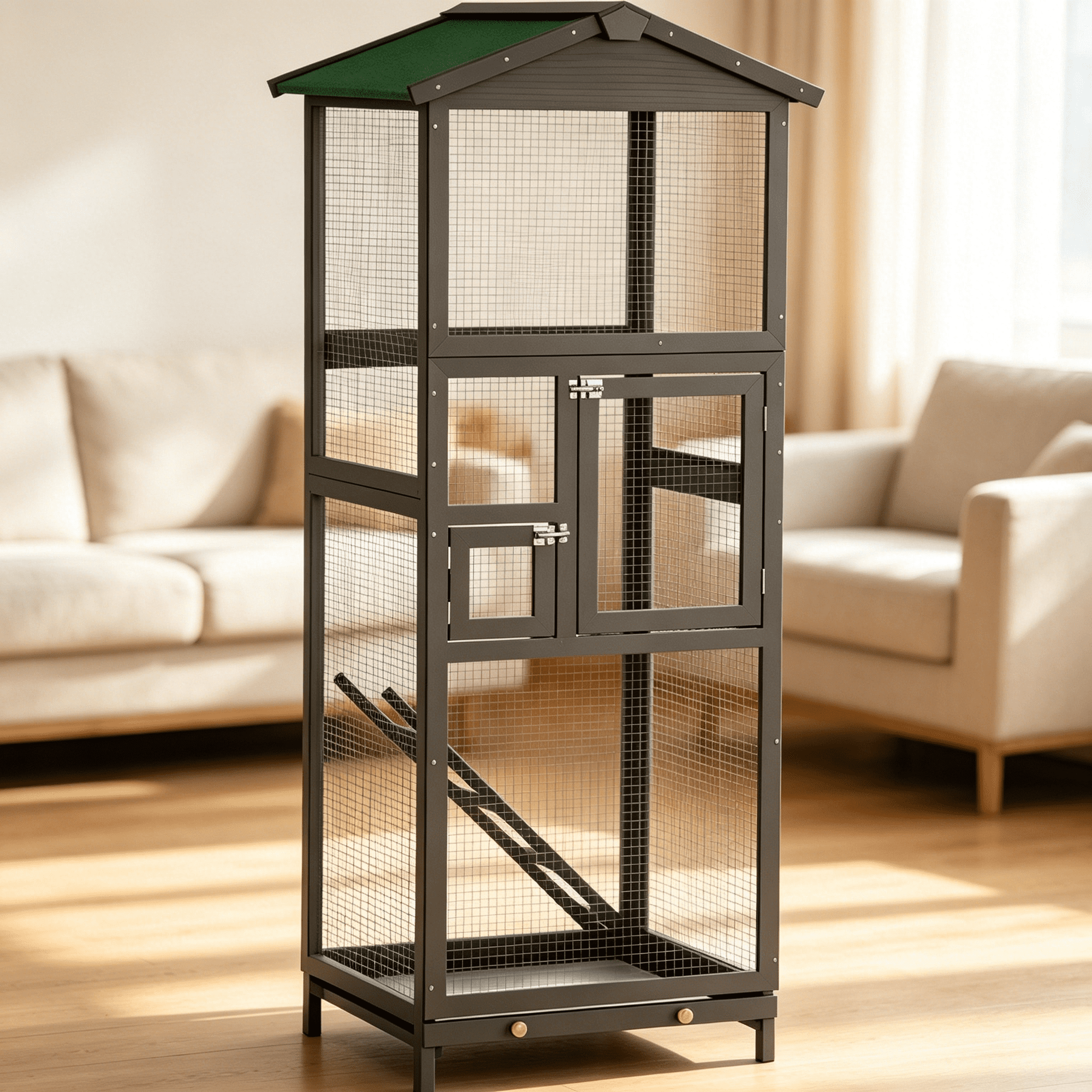 JERFIT Large Outdoor Wooden Bird Cage Aviary House with Pull-Out Tray, UV Protection for Finch & Small Birds