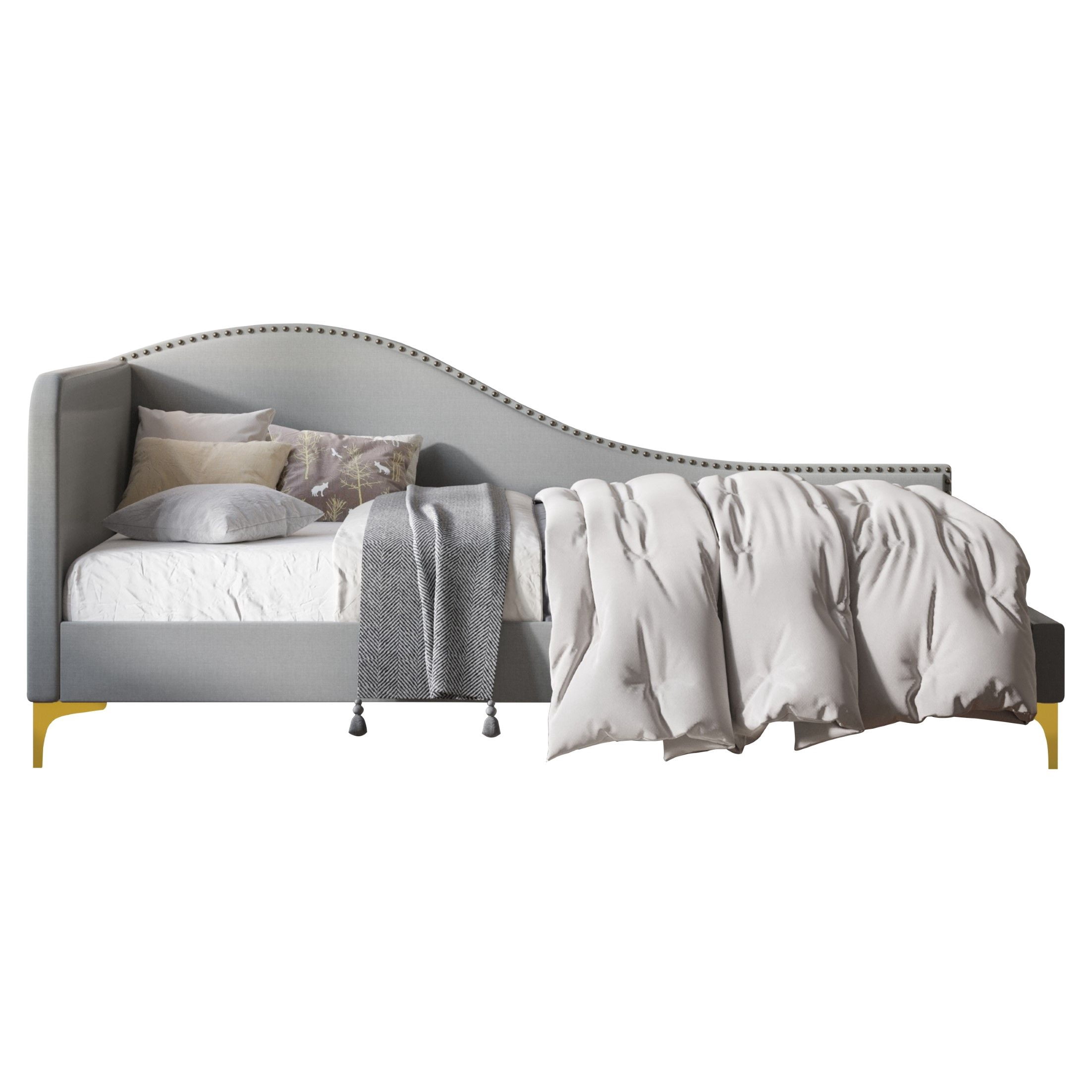 Home Design Lorettta Upholstered Daybed with Sloped Back and High Arm, Nailhead Trim, Gray – Adult Guest Room, Bedroom, and Living Room, Easy Assembly