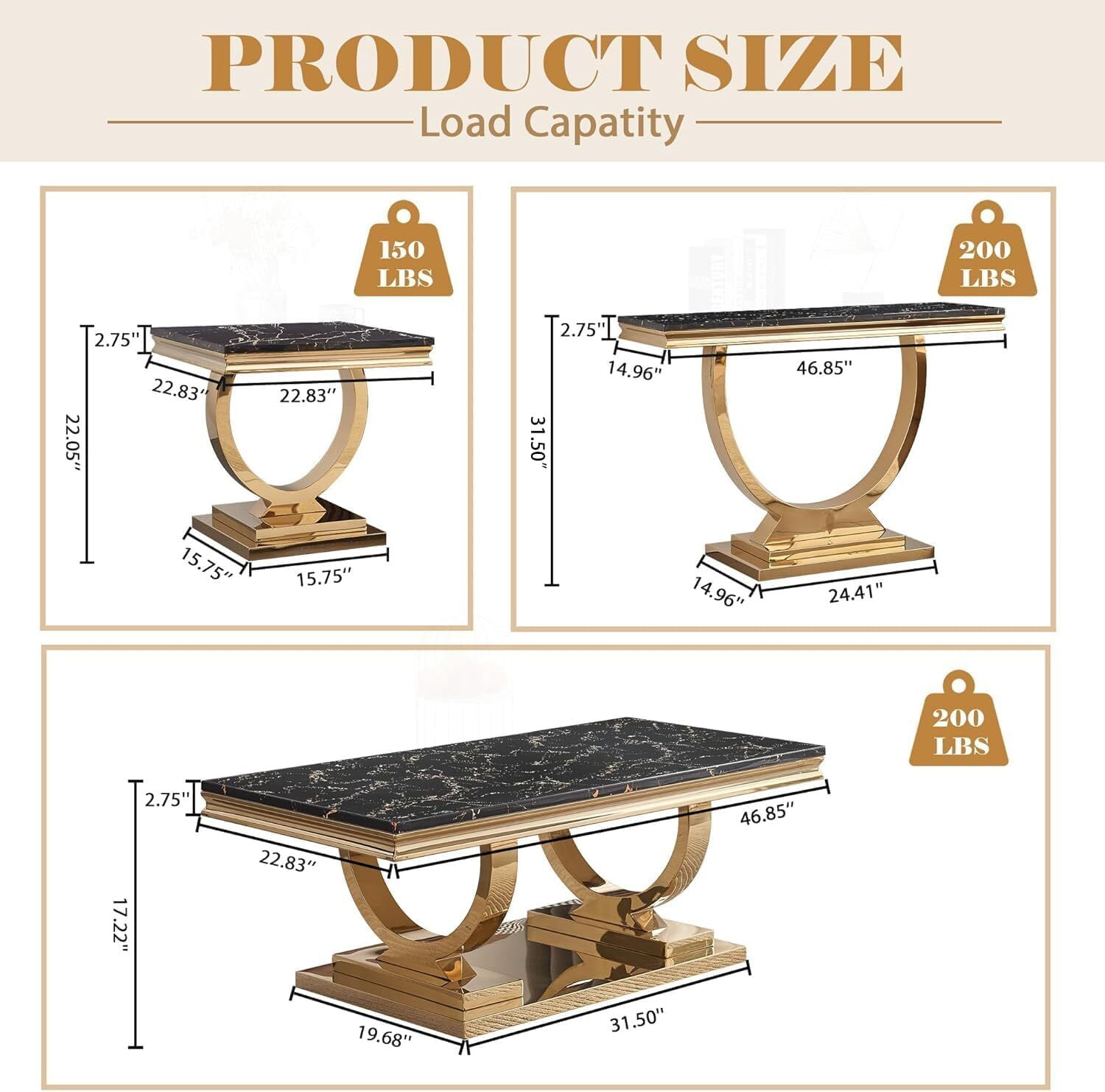 22.83" Square Faux Marble End Table, Modern Marble-Patterned Top with Gold Mirrored Stainless Steel O-Base, for Hallway, Living Room, Bedroom