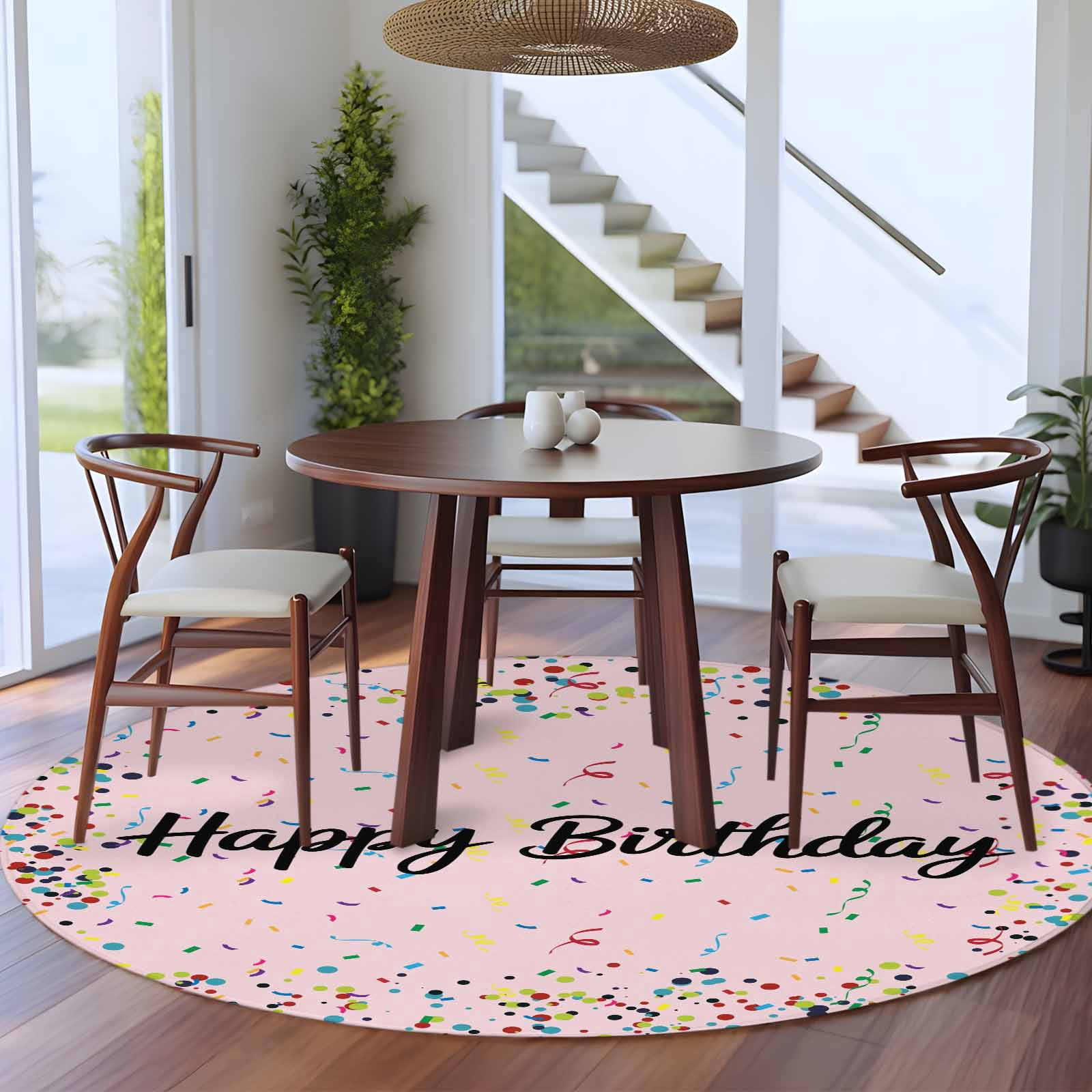 Happy Birthday Large Area Rugs for Bedroom Living Room, Soft Non Slip Carpet Bedside Rug, Pink Modern Abstract Art Round Floor Cover Kitchen Accent Rug 5' for Dining Room/Office