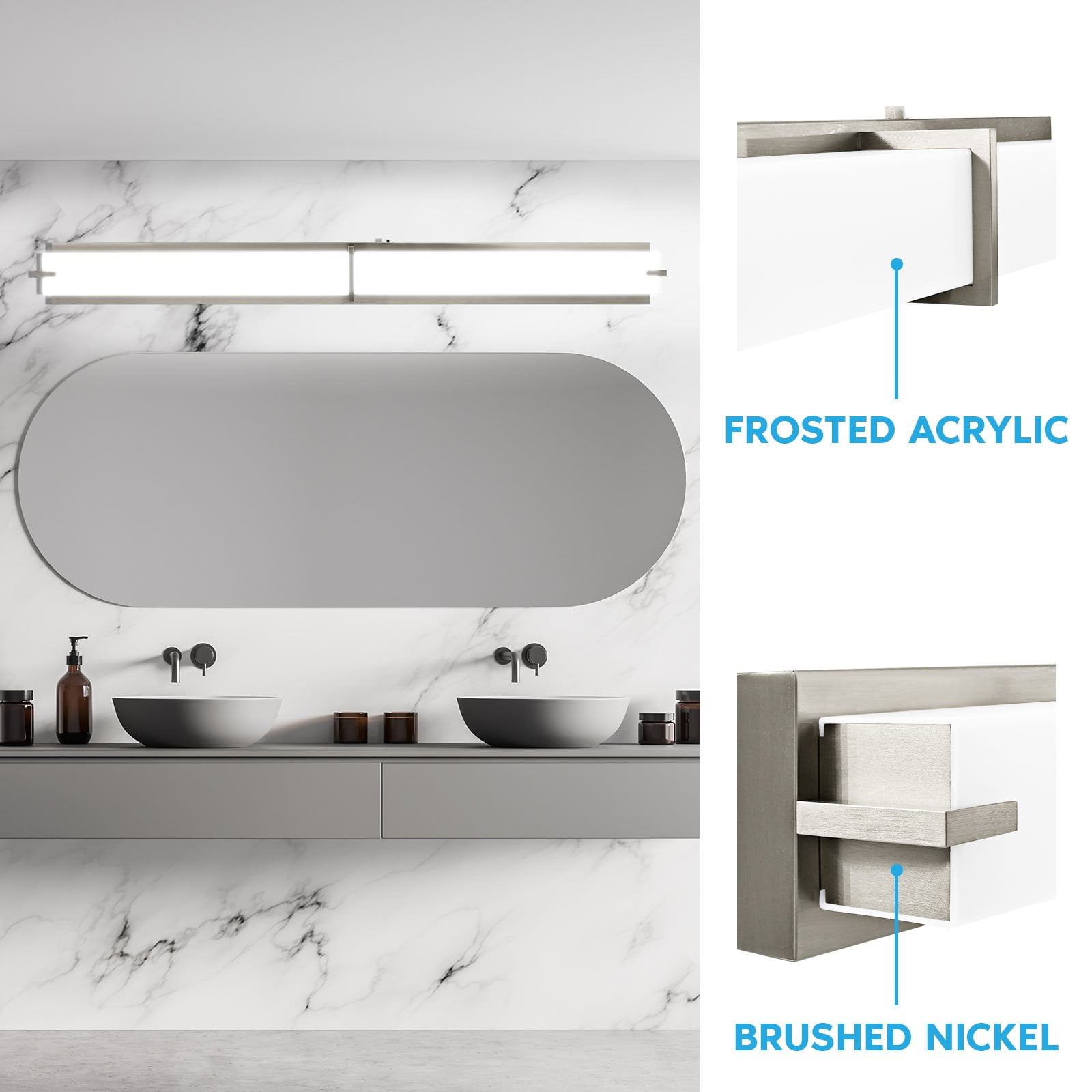Luxrite 48" LED Vanity Light Brushed Nickel Bathroom Light Fixture 3CCT 40W 2800 Lumens Dimmable Damp Rated ETL Listed