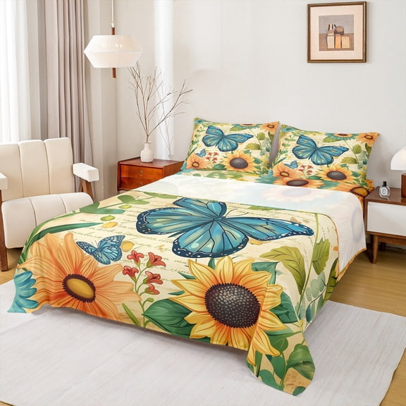 Castle Fairy Chic Flowers Twin Sheet Sets 3pcs for Boys Girls,Floral Sunflower Butterfly Twin Fitted Sheet Microfiber,Vintage Aesthetic Breathable Flat Sheet,Lightweight Room Decor