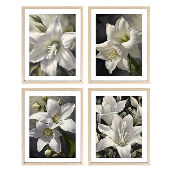 White Magnolia Wall Art Set of 4 Framed Lotus Artworks Floral Botanical Painting Abstract Flower Artwork Wall Decor for Bedroom Living Room Bathroom Office