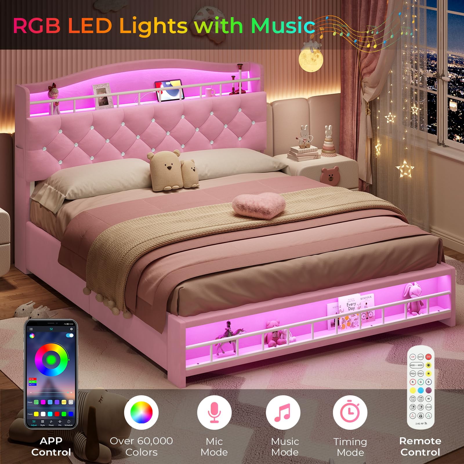 Afuhokles Full Size Bed Frame with LED Lights and 4 Drawers, Velvet Upholstered Platform Bed, Headboard with Charging Station and Crystal Button, Pink