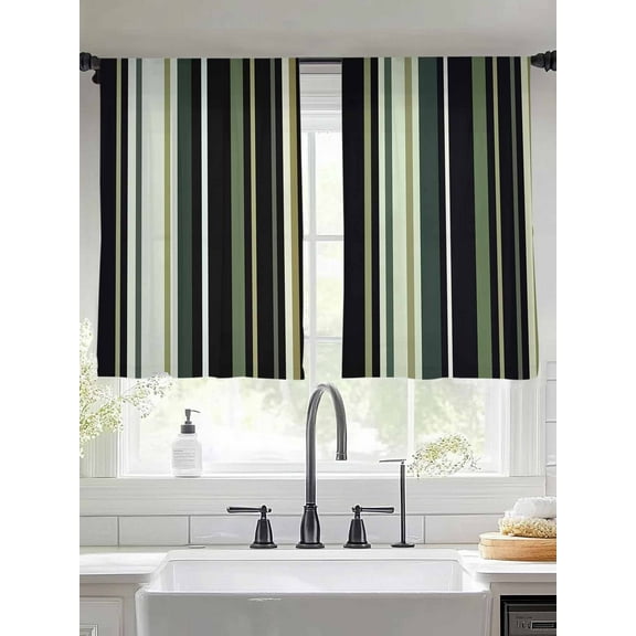 Black Green Sheer Curtains 45 inches Long 2 Panels Set Stripe Tiers Sheers Rod Pocket Small Window Short Curtains for Kitchen Cafe, Each 52" W x 45" L