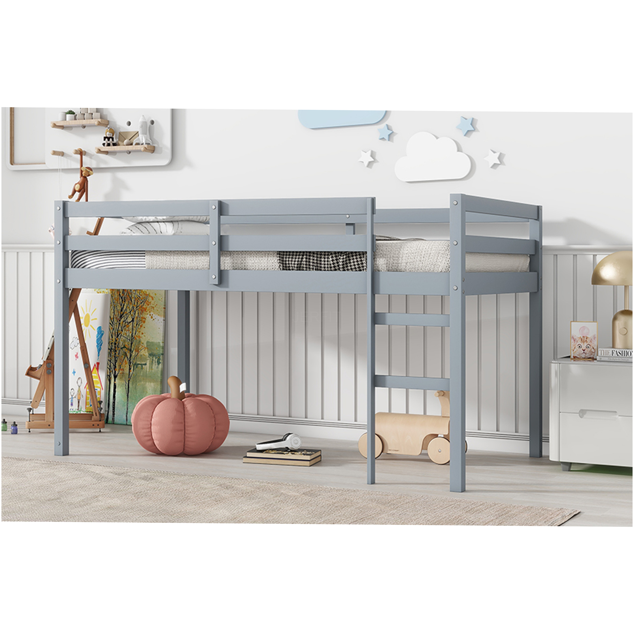 JERFIT Twin Wood Loft Bed with Ladder, Grey