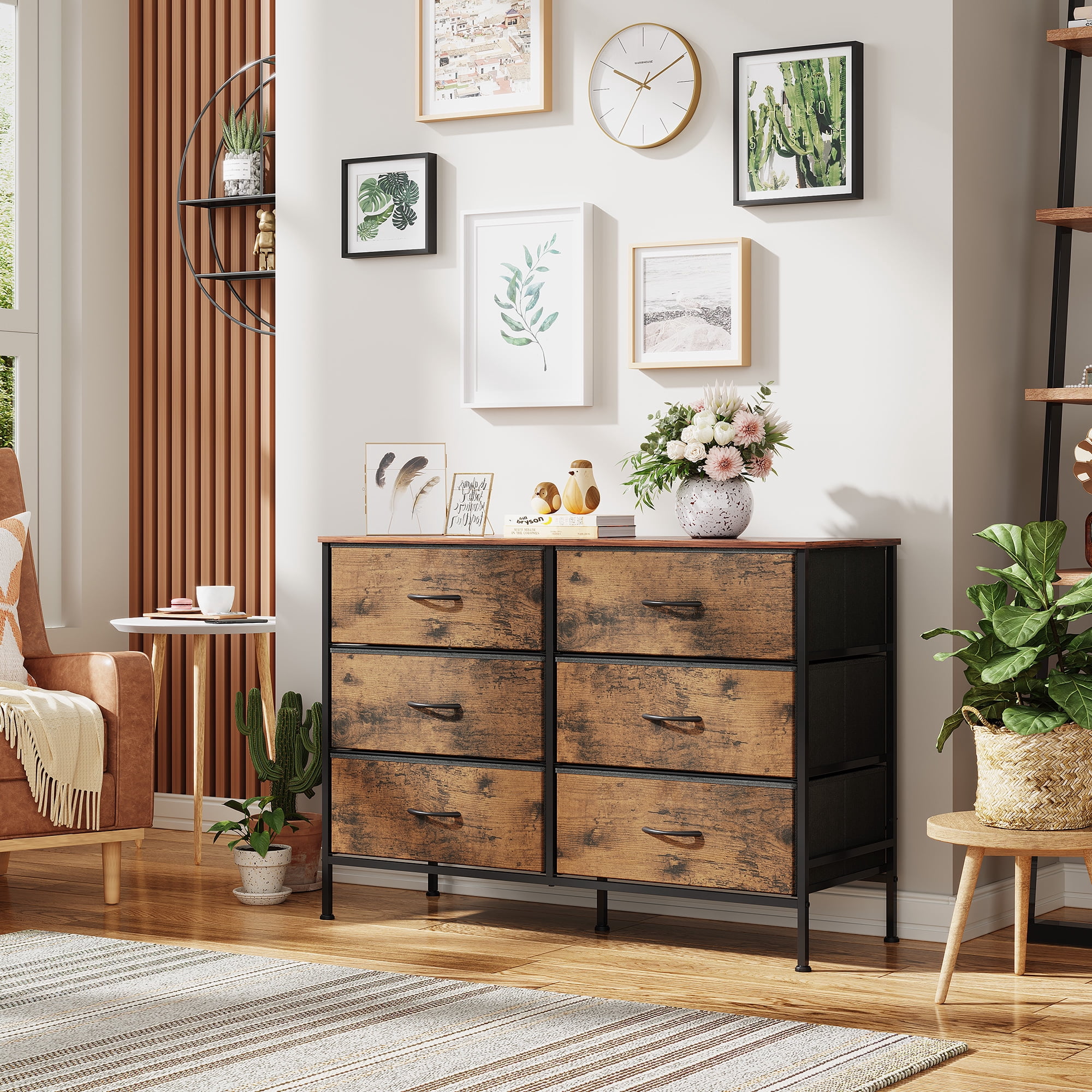 GALAXHERO 6-Drawer Fabric Dresser, 50-Inch TV Stand Wide Chest of Drawers for Bedroom, Closet, Living Room, Rustic Brown