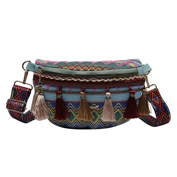 Bolso de pecho bohemio Retro Likrtyny con decoración de flecos azul