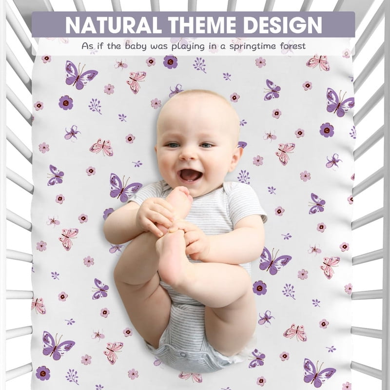 Little Grape Land Crib Sheets for Baby Girls 4 Pack, 28"x 52" Extra Soft Microfiber Crib Sheet Set for Standard Crib & Toddler Mattress Pad,Butterfly&Floral