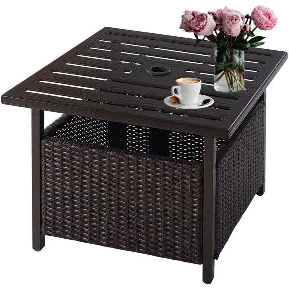 Nightcore Rattan Umbrella Side Table, Bistro Wicker Side Table with Storage Slot, Patio Umbrella Side Table Stand with 1.57" Umbrella Hole, Outdoor Leisure Coffee Table for Garden, Poolside, Deck