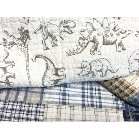 Cozy Line Home Fashions Benjamin Cute Dinosaur Plaid Printed Pattern Navy Blue White Grey Bedding Quilt Set 100% Cotton Reversible Coverlet Bedspread Set for Kids Boy (Queen - 3 Piece)