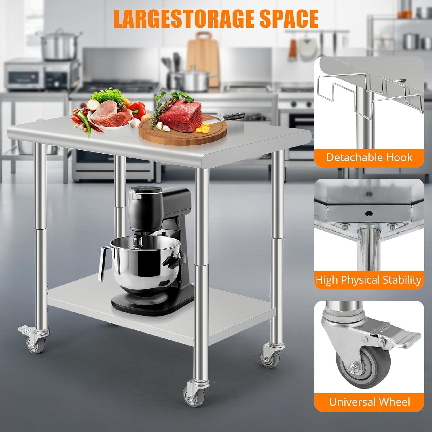Stainless Steel Work Table Commercial.  Metal Utility Table w/ Adjustable Heights. for Home Garage Restaurant