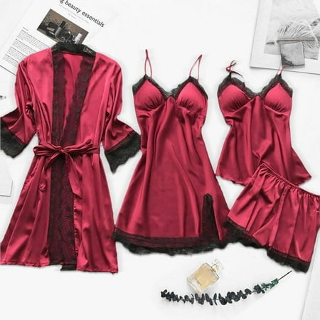 

4PC Silk Robe Sleep Set for Women- Lace Satin Pajamas