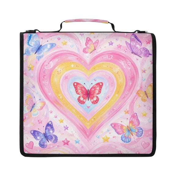 Zipper Binder with Shoulder Strap 2 inch 3 Ring Waterproof File Folder Organizer Bag 500 Sheet Hearts and Butterflies