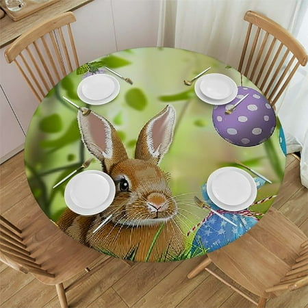 

BCIIG Bunny Grass Eggs Round Table Cover Stain Resistant Washable Indoor Outdoor Tablecloth Kitchen Dining Wedding Parties Waterproof Fabric 100% Polyester Easter Theme 46-50