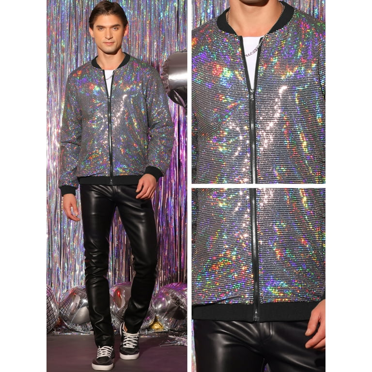 Unique Bargains Men s Sequin Varsity Zipper Party Disco Sparkle Bomber Jacket S Silver Walmart
