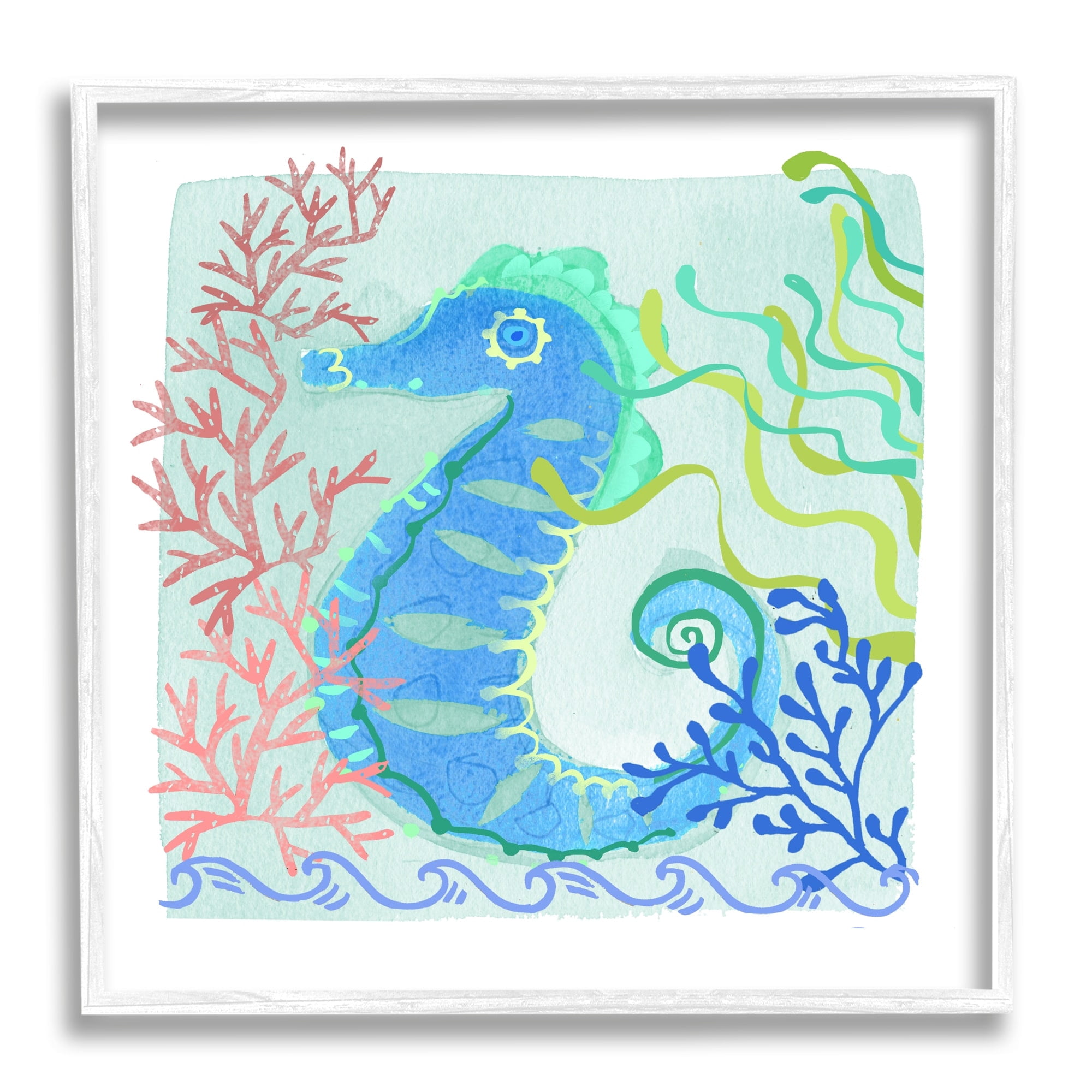 Stupell Industries Funky Seahorse Portrait Layered Sea Life Botanicals Graphic Art White Framed Art Print Wall Art, Design by unknown