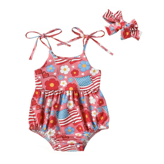 Newborn Baby Girl 4th of July Outfits Clothes Sleeveless American Flag Print Short Romper Bodysuits