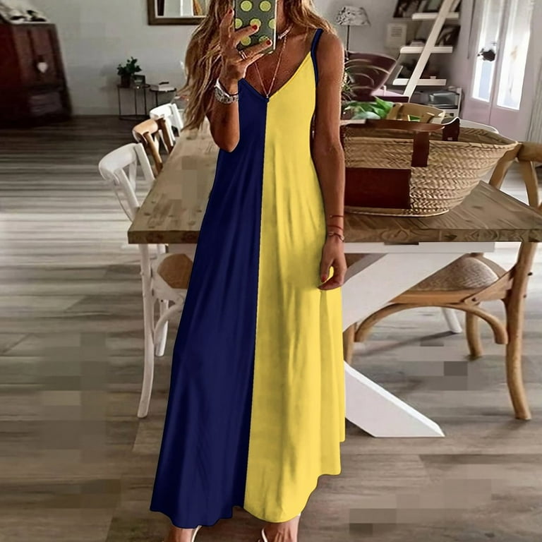 Navy Blue And Mustard Yellow Half And Half Sleeveless Dress women's  clothing korea stylish women's summer dresses - Walmart.com