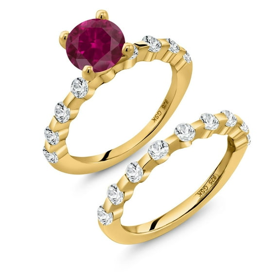 Gem Stone King 18K Yellow Gold Plated Silver Red Created Ruby and White Topaz Wedding Engagement Ring Band Bridal Set for Women (2.91 Cttw, Gemstone July Birthstone, Round 7MM, Size 7)