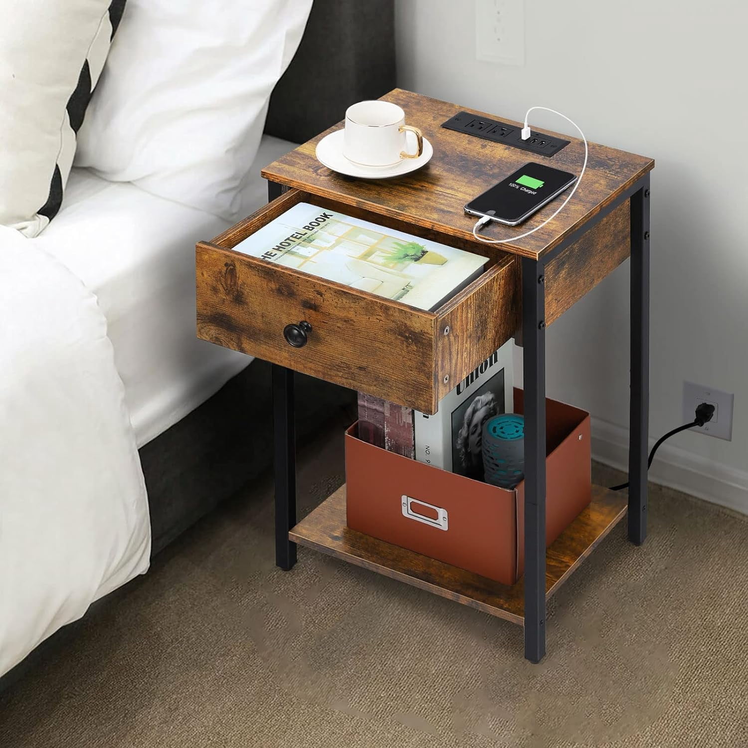 Oumilen Adult Rustic Nightstand with Charging Station, Set of 2, Brown
