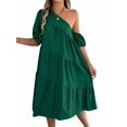 thumbnail image 2 of Women One Shoulder Beach Vacation Casual Puff Sleeve Tiered A Line Flowy Sun Dress Green M, 2 of 9