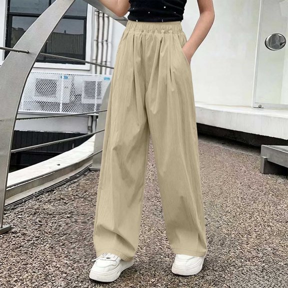 BRGZLK Girls Wide Leg Pants Summer Lightweight Solid Color Flowy Palazzo Pants Loose Fit Straight-Leg Pants for Girls Daily Wear 2026 Beige 12-13 Years