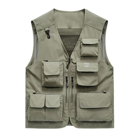 hopeusince Men s Outdoor Lightweight Stand Collar Multi-Pocket Quick-Dry Breathable Fishing Vest Khaki L