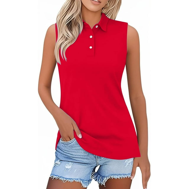 Yubnlvae Red Shirts for Women 2025 Summer Button down Collared Sleeveless Tops Business Work Casual Basic Blouses, L