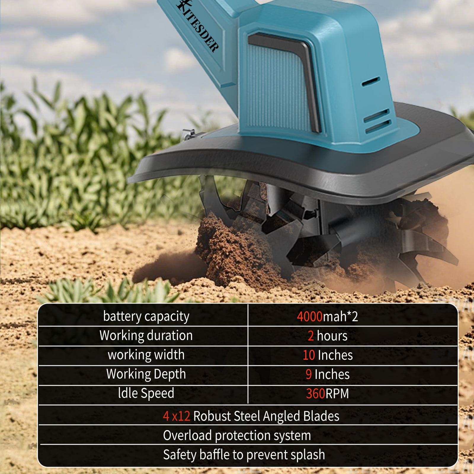 KITESDER 20V Cordless Electric Tiller Cultivator, 9" Cultivator with 360RPM for Lawn, Gardening, Small Gardens
