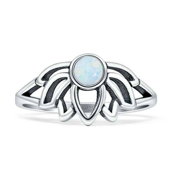Lotus Oxidized Round Lab Created White Opal Ring 925 Sterling Silver Size 5